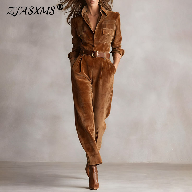 Home Office Romance - Jumpsuit Wanita Vintage Beludru Polos Kerah