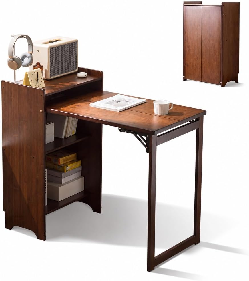 Home Office Hideaway Desk - Meja Lipat Bambu dengan Rak Penyimpanan,