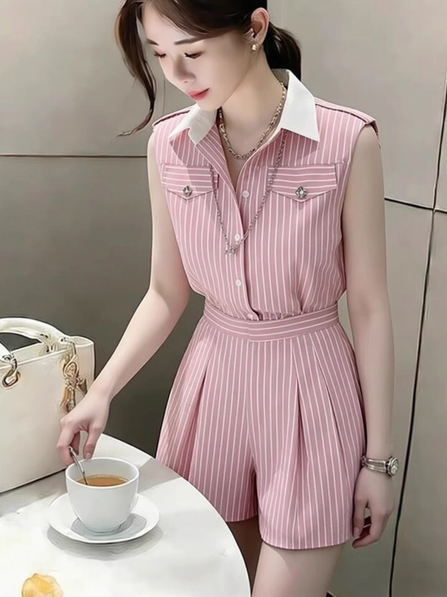 Jumpsuit bergaris merah muda e - Home Office Romance ulasan dan harga